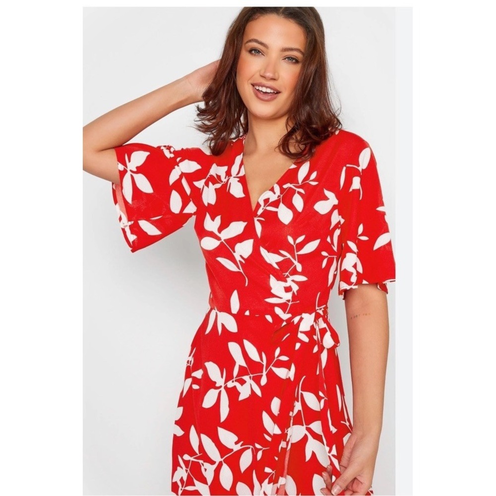 Long Tall Sally Red Abstract Floral Wrap Midi Dress US 14 NWT Career Wedding